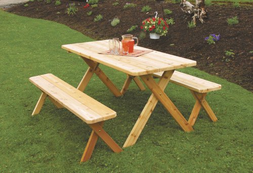 Outdoor 8 Foot Cross Leg Pine Picnic Table With 2 Benches - Stained- Amish Made Usa -natural