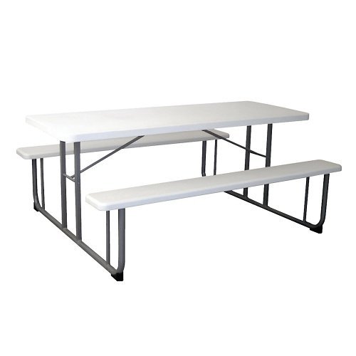 Officient Valuemax Collection Rectangular White Plastic Picnic Table with Benches - 72W