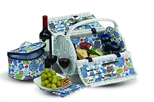 Diner En Blanc Barrel Shape Hand-Woven Wicker 2 Person White Picnic Basket with A Removable Thermal Cooler Section 14 Pieces Included