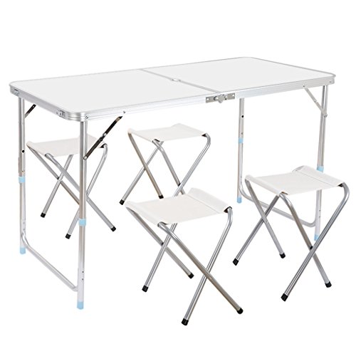 Finether Portable Folding Table Sturdy and Lightweight Steel Frame Legs with 4 Folding Chairs 4 Adjustable Heights feet for IndoorOutdoor UseCamping Picnic Party Dining White