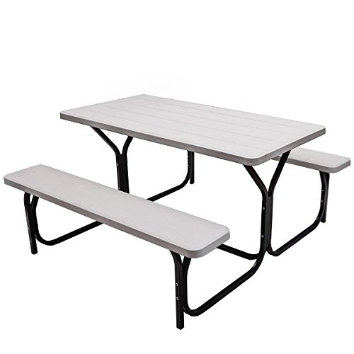 White Picnic Table Bench Set Outdoor Backyard Patio Garden Party Camping Hiking Multipurpose Usage All Weather Resistant Material Rust-Resistant Steel Frame Safe with Anti Bump Round Table Corners