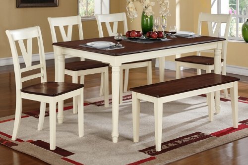 6 Pc Erin Ii Collection Cream Finish Wood Legs And Cherry Finish Wood Tops Dining Table Set With Wood Top Seats