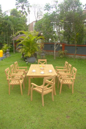 9 Pc Grade-a Teak Wood Dining Set - 117&quot Rectangle Table And 8 Granada Stacking Arm Chairs wfdsgr3