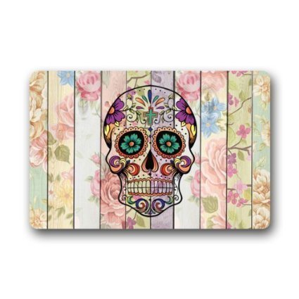 Custom Machine-washable Sugar Skull Floral Wood Pattern IndoorOutdoor Decor Rug Doormat 236L x 157W