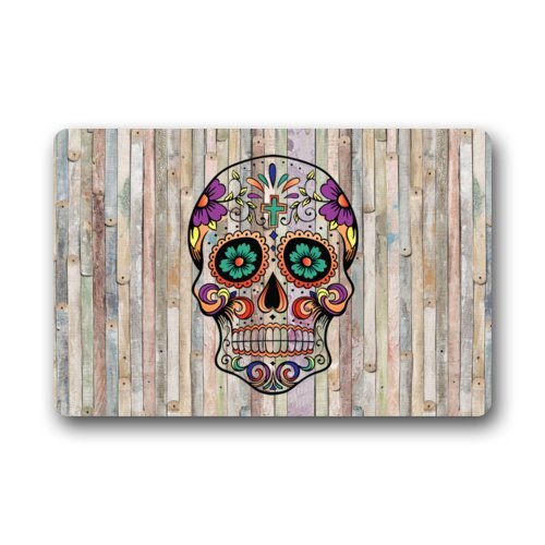 Non-Slip Entryways Sugar Skull Colorful Wood Pattern Picture Rectangle IndoorOutdoor Rectangle Floor Mat Doormat - 236L x 157W 316 Thickness