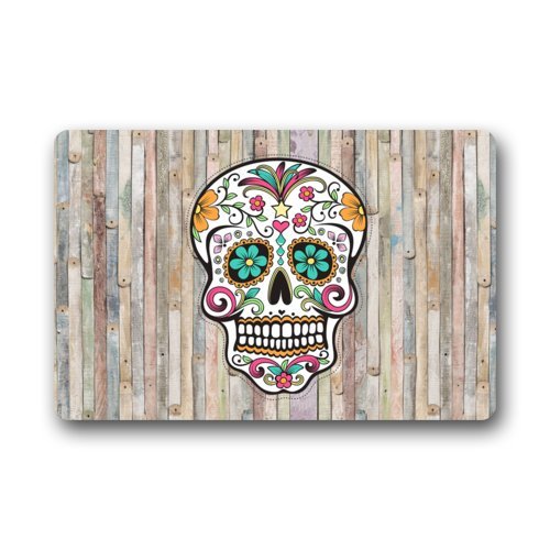 Non-Slip Rectangle Sugar Skull Colorful Wood Pattern Design Indoor and Outdoor Entrance Floor Mat Doormat - 236L x 157W 316 Thickness