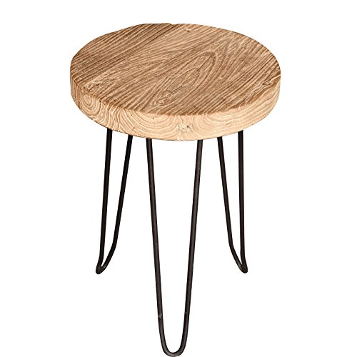 WELLAND Round Old Elm Wood End Table With 3-Leg Metal Stand