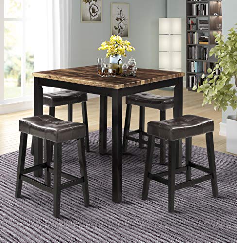Merax 5-Piece Solid Wood Dining Table Set Kitchen High Pub Table Set with 4 Bar Stools Brown