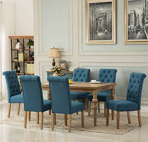 Roundhill Furniture Collection Habitanian Solid Wood Dining Table with 6 Button Tufted Chairs Blue