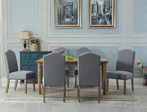 Roundhill Furniture Collection Monotanian Solid Wood Dining Table with 6 Nailhead Chairs Gray
