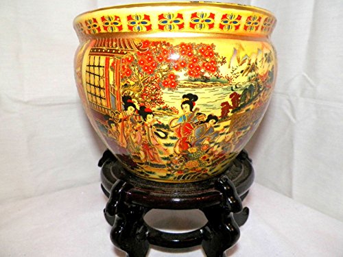 6 Oriental Geisha Playing Music Fish Bowl Jardiniere Planter Plant Pot Satsuma Style with Wooden Stand