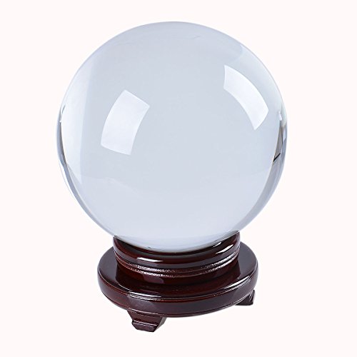 LONGWIN 200mm 8 Inch Huge Clear Feng Shui Crystal Ball Free Sphere Wooden Stand