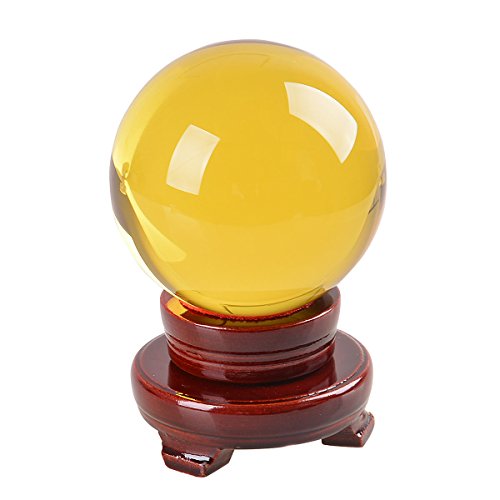 Long Sheng 80mm 31 Inch Feng Shui Crystal Ball Sphere Free Wooden Stand yellow
