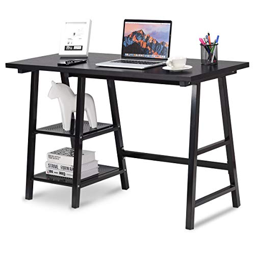 Tangkula Writing Computer Desk Trestle Desk Study Desk Laptop PC Desk Modern Wood Vintage Style Reversible Storage Shelf Home Office Furniture Sturdy Table Study Table Black