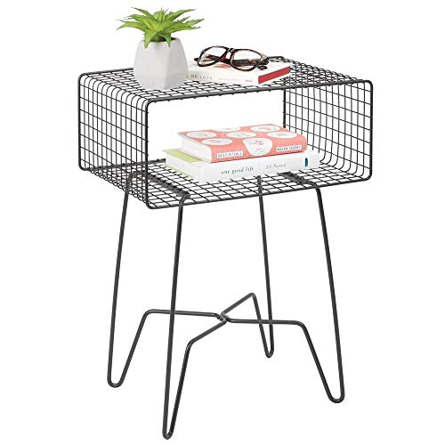 mDesign Modern Farmhouse SideEnd Table - Metal Grid Design - Open Storage Shelf Basket Hairpin Legs - Sturdy Vintage Rustic Industrial Home Decor Accent for Living Room Bedroom - Graphite Gray