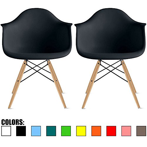 2xhome - Set Of Two 2 - Black- Eames Style Armchairs - Natural Wooden Legs - High Quality Dining Room Chair