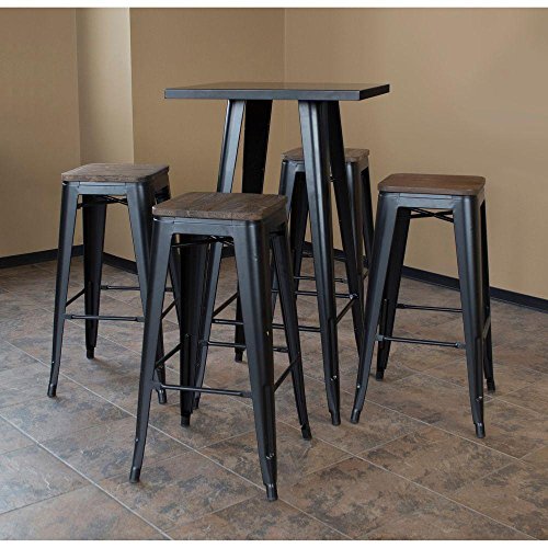BSSET36Loft Style Pub Table and Chair Set in Black with Wooden Chair Tops 5-Piece Set