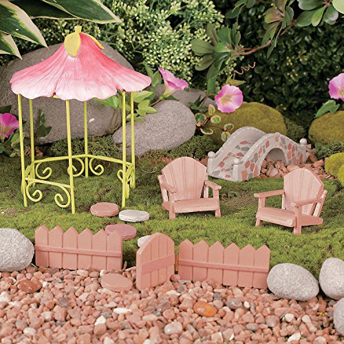 Garden Gnome And Fairy Miniature Wooden Outdoor Furniture Decoration Set With Gazebo Bridge Chairs And Fence