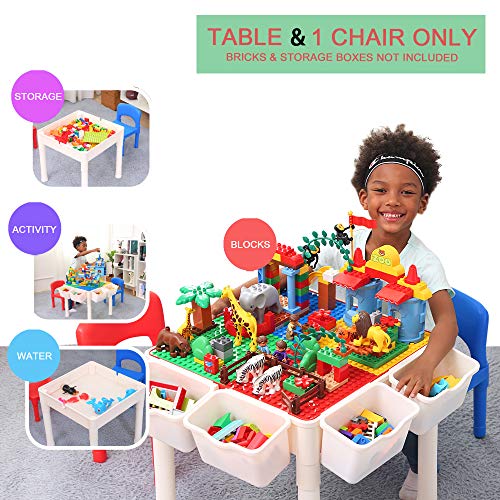 Bheddi Toddler Building Block Table Kids Block Play Table and Chair Set Non-SlipWaterproofHeight Adjustable Fits Educational Playing Activities Bricks Not Included Table Blue Chair Set