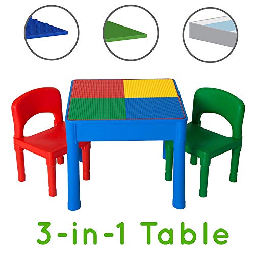 Play Platoon Kids Activity Table Set - 3 in 1 Water Table Craft Table and Building Brick Table with Storage - Includes 2 Chairs and 25 Jumbo Bricks - Primary Colors Renewed