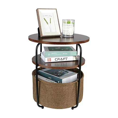 3 Tier Round Side Table End Table with Storage Basket Vintage Industrial Coffee Table Night Stand for Living Room Bedroom Brown