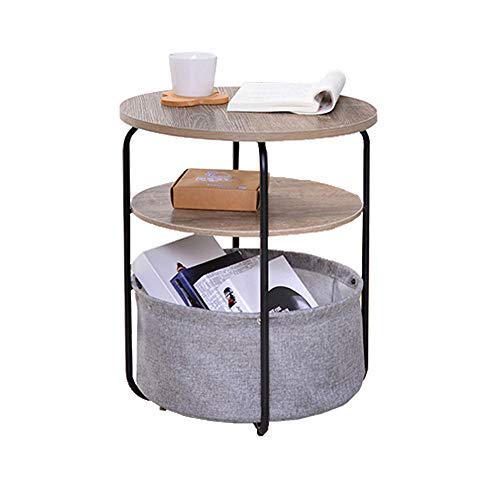 End Table with Cloth Storage Bin Metal Frame Wood Side Table 2 Layer Table for Living Room Coffee