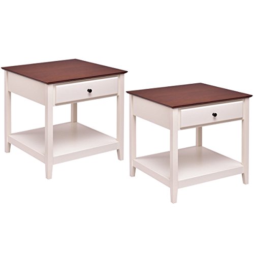 Giantex 2 Pcs Wood End Table with Storage Shelf Night Stand Coffee Table Walnut White