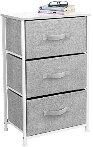 Sorbus Nightstand with 3 Drawers - Bedside Furniture Accent End Table Storage Tower for Home Bedroom Accessories Office College Dorm Steel Frame Wood Top Easy Pull Fabric Bins WhiteGray