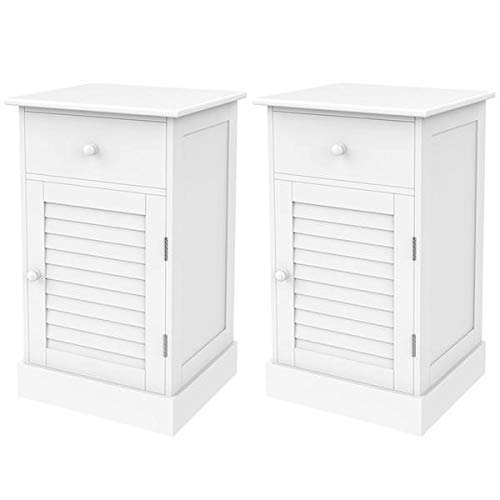 Yaheetech 2pcs Wood Nightstands End Tables with Storage Cabinet and Drawer Slatted Door Height Adjustable Shelf White