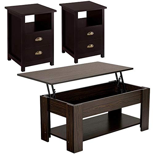 Yaheetech 3-Piece Table Set - Include Lift Top Coffee Table and 2 End Tables with Storage Drawer for Living Room Espresso