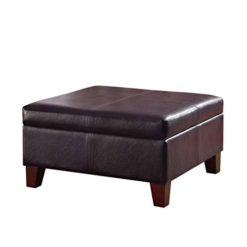 HomePop Faux Leather Square Storage Ottoman Coffee Table with Wood Legs Brown