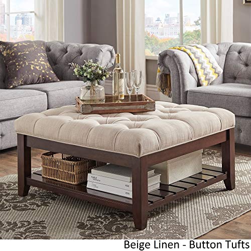 Inspire Q Lennon Espresso Planked Storage Ottoman Coffee Table by Classic Beige LinenButton Tufts