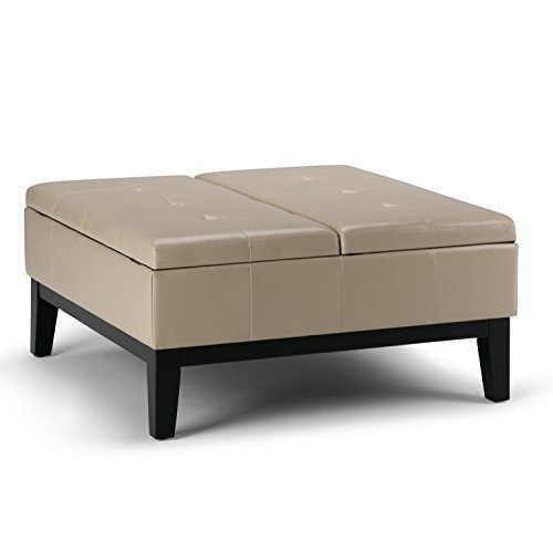 Simpli Home AXCOT-235-CR Dover 36 inch Wide Contemporary Square Coffee Table Storage Ottoman in Satin Cream Faux Leather