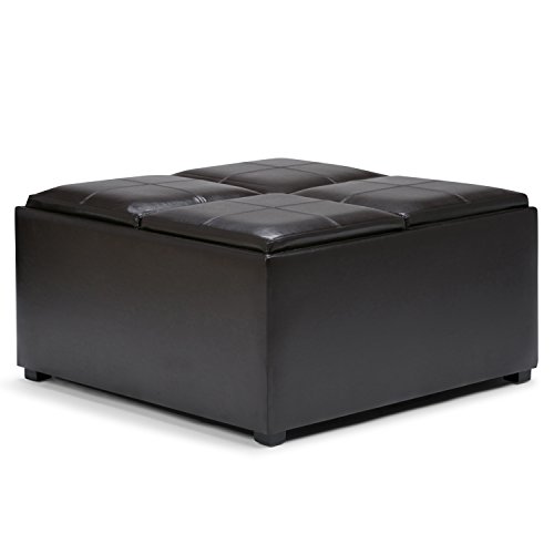 Simpli Home F-07 Avalon 35 inch Wide Contemporary Square Coffee Table Storage Ottoman in Tanners Brown Faux Leather