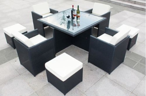 9 Nine Piece Modern Wicker Pe Rattan Outdoor Patio Dining Table Set With Chairs Ottomans And Glass Table