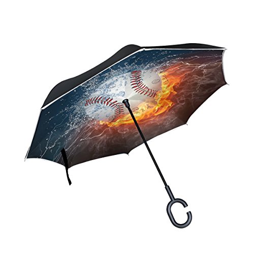 ALAZA Sport Baseball in Fire and Water Inverted Umbrella Large Double Layer Outdoor Rain Sun Car Reversible Umbrella