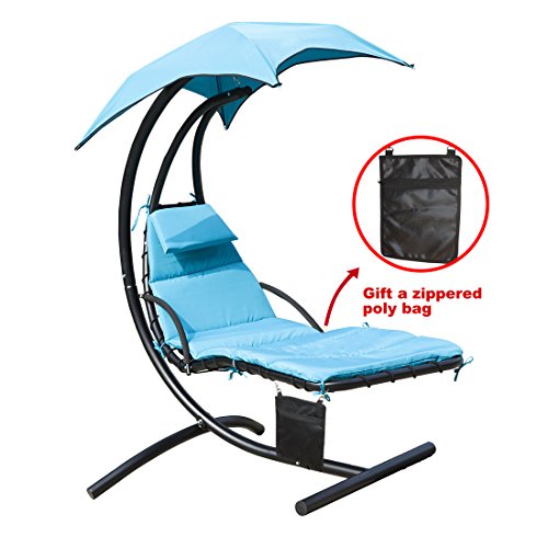 300lbs Max Weight Capacity Hanging Chaise Lounger Chair with Umbrella Garden Air Porch Arc Stand Floating Swing Hammock Chair BLUE gift a zippered poly bag
