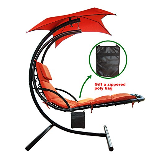300lbs Max Weight Capacity Hanging Chaise Lounger Chair with Umbrella Garden Air Porch Arc Stand Floating Swing Hammock Chair Red Orange Gift a Zippered Poly Bag