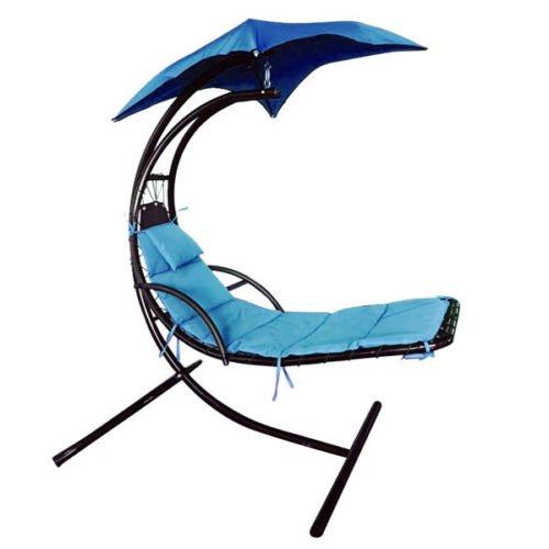 FCH Hanging Chaise Lounger Chair with Umbrella Lawn Garden Beach Air Porch Arc Stand Floating Swing Hammock chair Blue