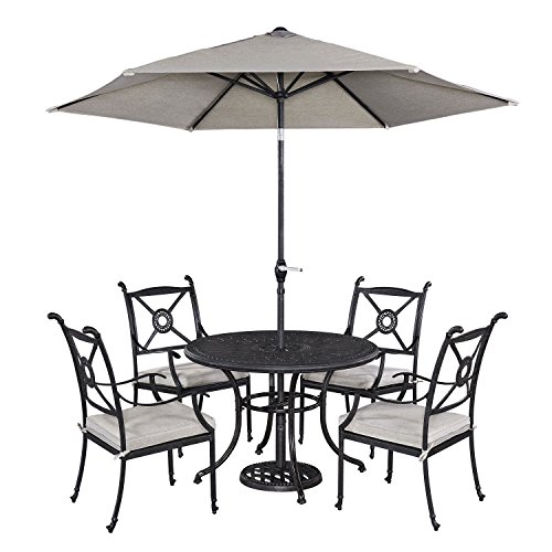Home Styles 5569-3086 Athens 5 Piece Dining Set with 42 Dining Table Four Arm Chairs and Umbrella