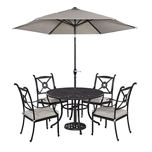 Home Styles 5569-3286 Athens 5 Piece Dining Set with 48 Dining Table Four Arm Chairs and Umbrella