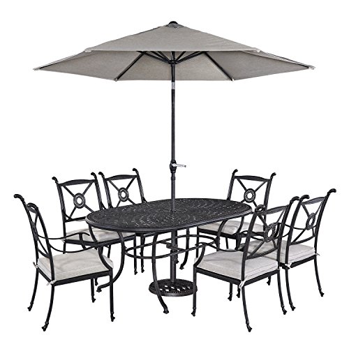 Home Styles 5569-3386 Athens 7 Piece Dining Set Oval Dining Table with Six Arm Chairs and Umbrella