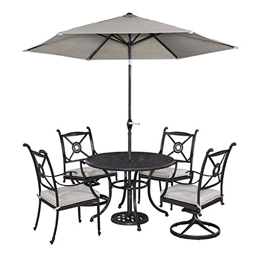 Home Styles Athens 5 Piece Dining Set with 42 Dining Table Two Swivel Chairs Two Arm Chairs and Umbrella