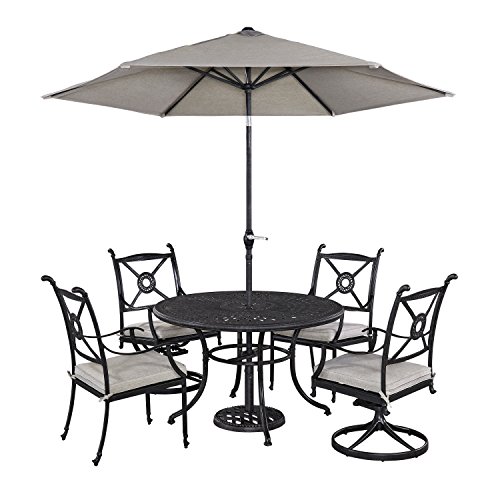 Home Styles Athens 5 Piece Dining Set with 48 Dining Table Two Swivel Chairs Two Arm Chairs and Umbrella