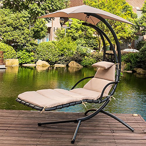Sundale Outdoor Dream Chair With Umbrella Hanging Chaise Lounge Chair Arc Curved Hammock taupe