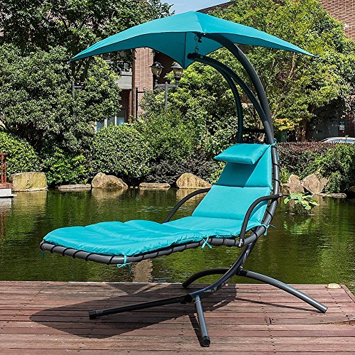 Sundale Outdoor Dream Chair with Umbrella Hanging Chaise Lounge Chair Arc Curved Hammock Lake Blue
