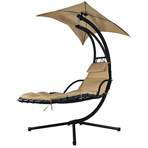 Sunnydaze Beige Floating Chaise Lounger Swing Chair with Canopy Umbrella 43 Inch Wide x 80 Inch Tall