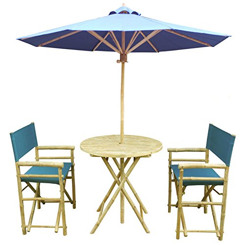 Zew 4 Piece Bamboo Bistro Garden Set with Round Table 2 Treated Director Canvas Chairs and Umbrella Navy