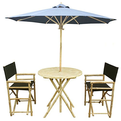 Zew 4-Piece Bamboo Outdoor Bistro Patio Set with Round Table 2 Comfortable Canvas Chairs and Umbrella Black