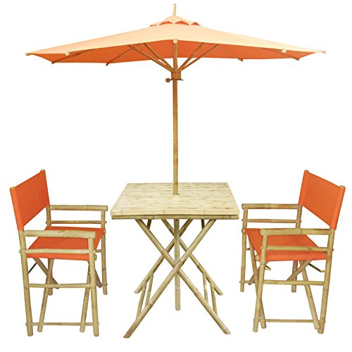 Zew 4 Piece Bamboo Outdoor Bistro Set with Square Table 2 Treated Canvas Chairs and Umbrella Pottery